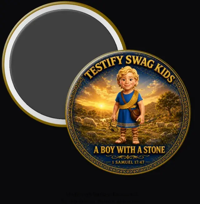 Kids Like David magnet — a blonde boy in a blue tunic holding a stone, A Boy With a Stone, 1 Samuel 17:47