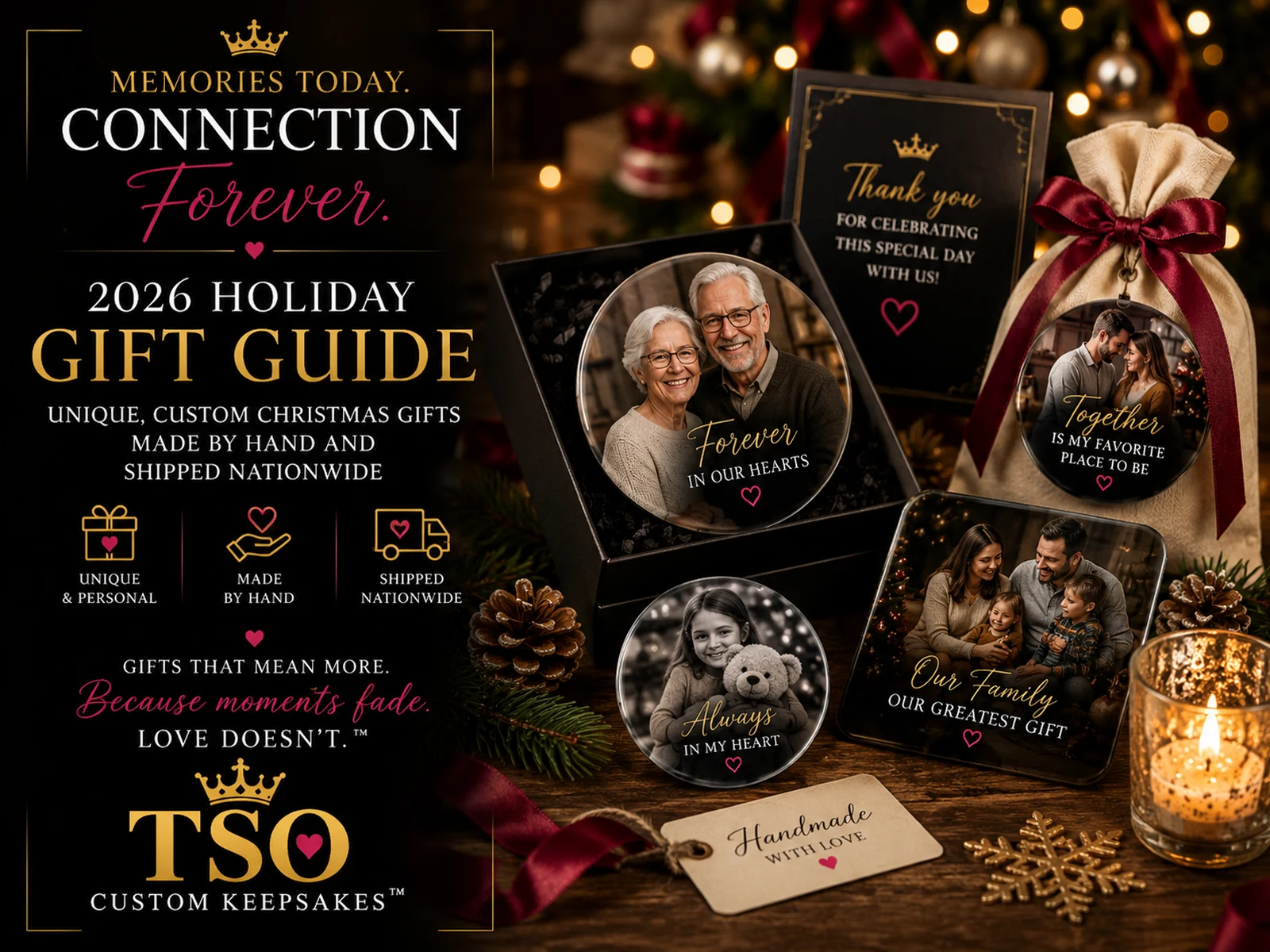 2026 holiday gift guide featuring unique handmade personalized Christmas photo keepsakes from TSO Custom Keepsakes, shipped nationwide.