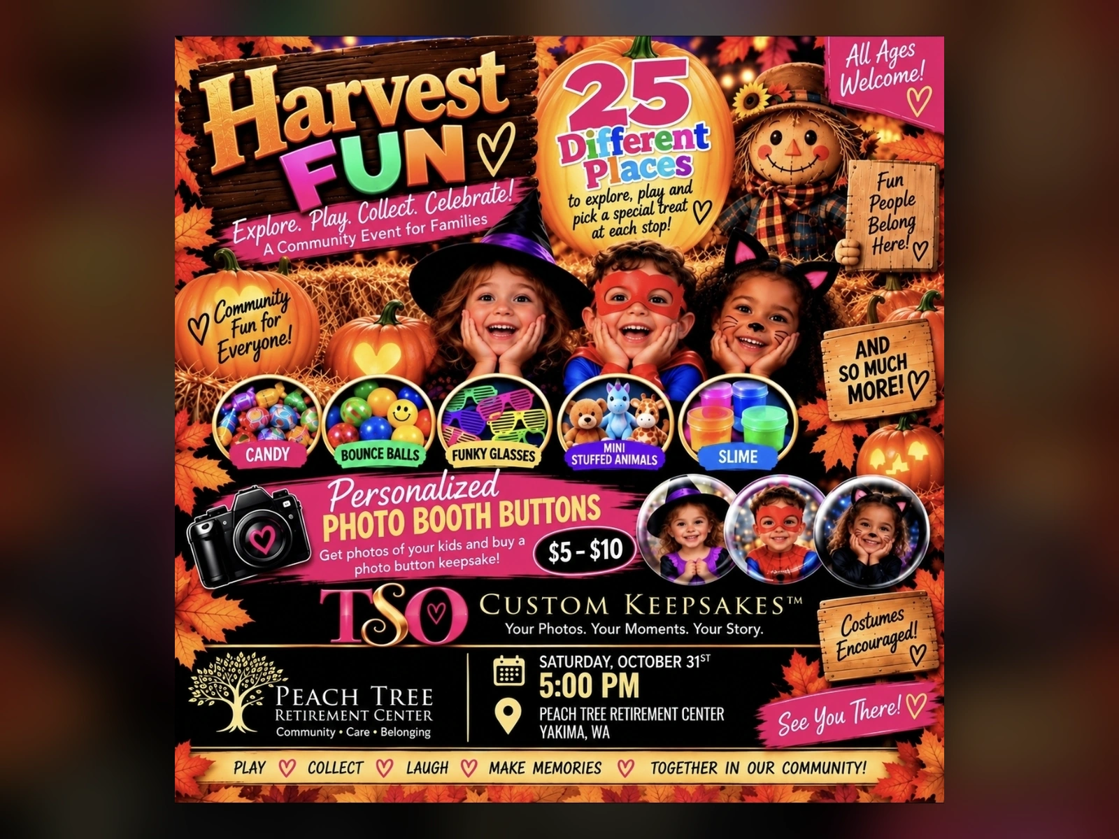 Harvest Fun family event flyer with children in costumes, activities and personalized photo buttons at Peach Tree Retirement Center in Yakima, Washington.