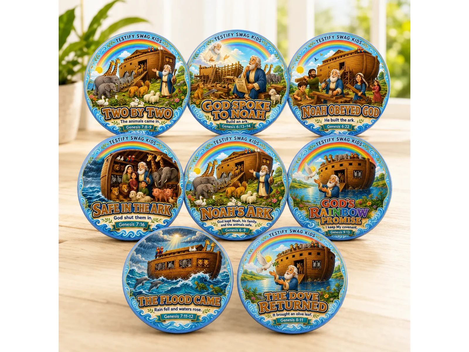 Eight circular Noah’s Ark Bible Character Magnets showing the original TSO collection artwork in a full-set display.