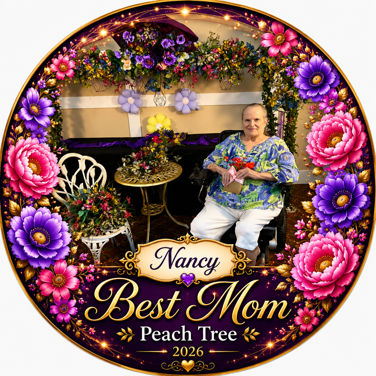 Custom photo magnet with portrait, florals, and gold accents
