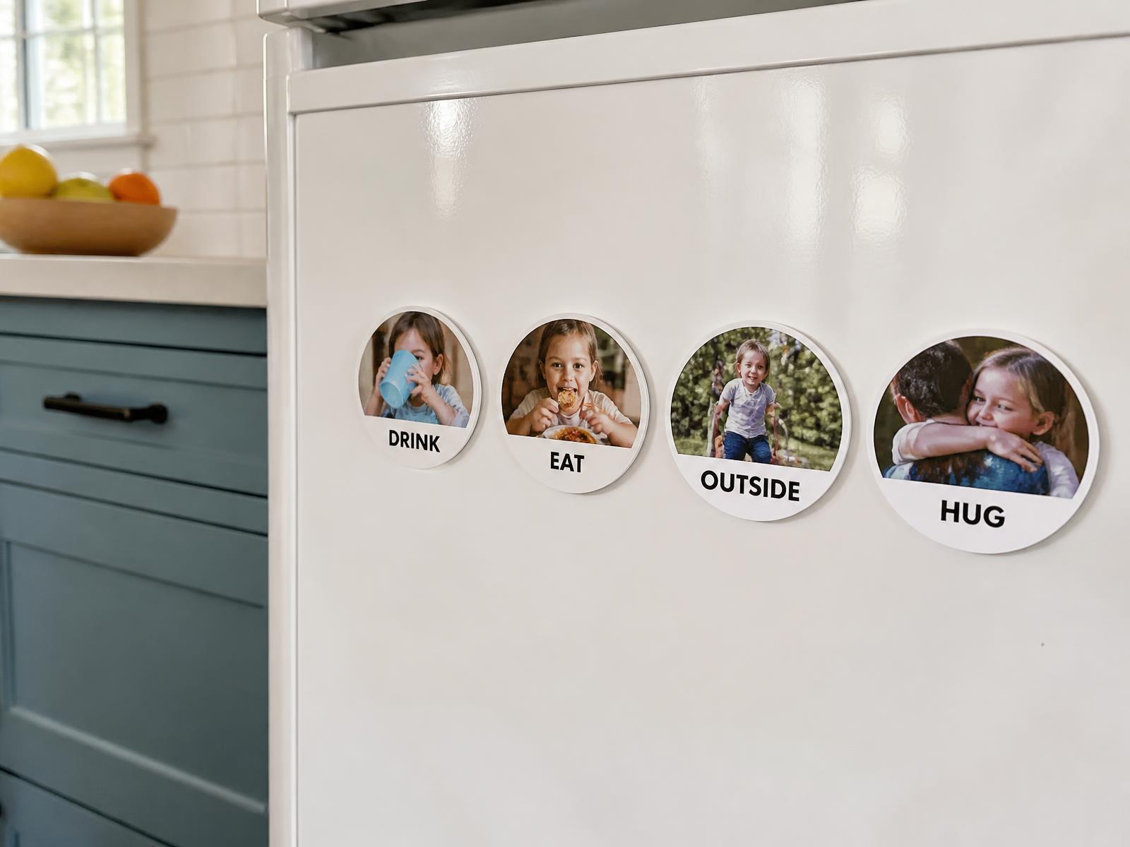 Magnetic communication board magnets with real photos for nonverbal children on a refrigerator