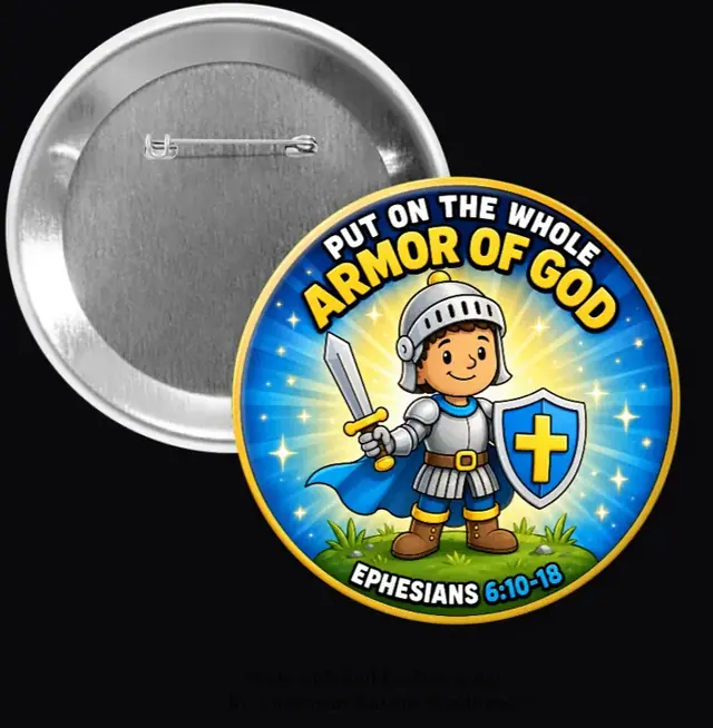 Armor of God pinback button for kids showing a child in armor with the Ephesians 6 verse