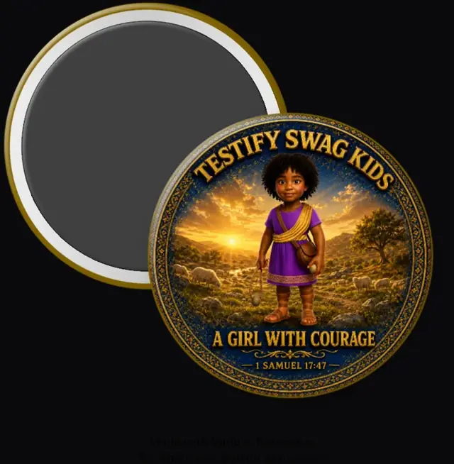 Kids Like David magnet — a Black girl in a purple tunic holding a stone, A Girl With Courage, 1 Samuel 17:47