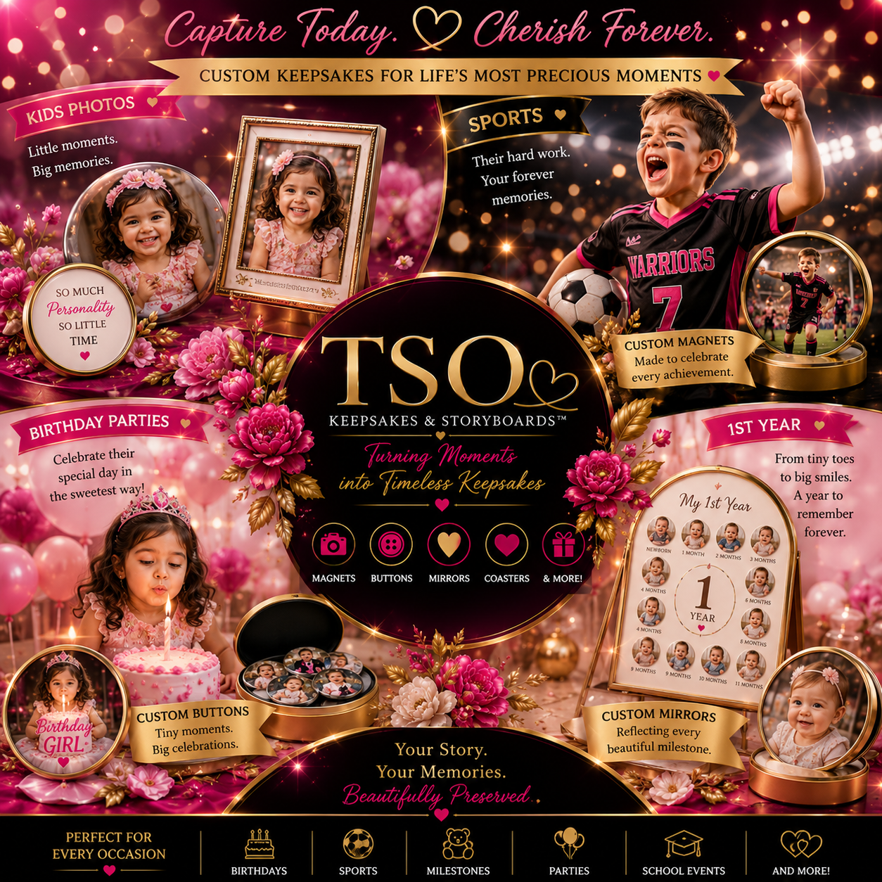 TSO custom keepsakes square collage — magnets, buttons, mirrors, and coasters for kids, sports, birthdays, and 1st year milestones
