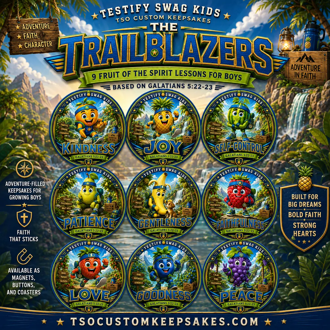 Fruit of the Spirit Trailblazer Edition keepsake set with backpack, trail sign, and compass artwork