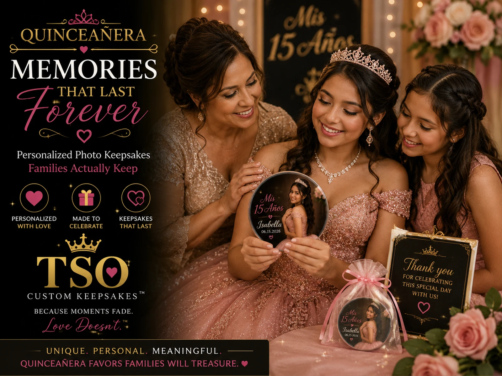 Quinceañera in a rose gold gown holding a round TSO custom photo magnet keepsake favor with her mother and sister, beside a Mis 15 Años thank-you sign
