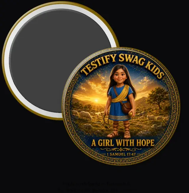 Kids Like David magnet — a Native American girl with a sling in a blue tunic, A Girl With Hope, 1 Samuel 17:47