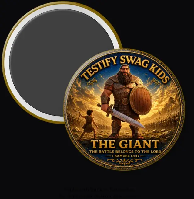 Step 6 — Kids Like David magnet: a boy with a sling facing Goliath, The Giant, the battle belongs to the Lord