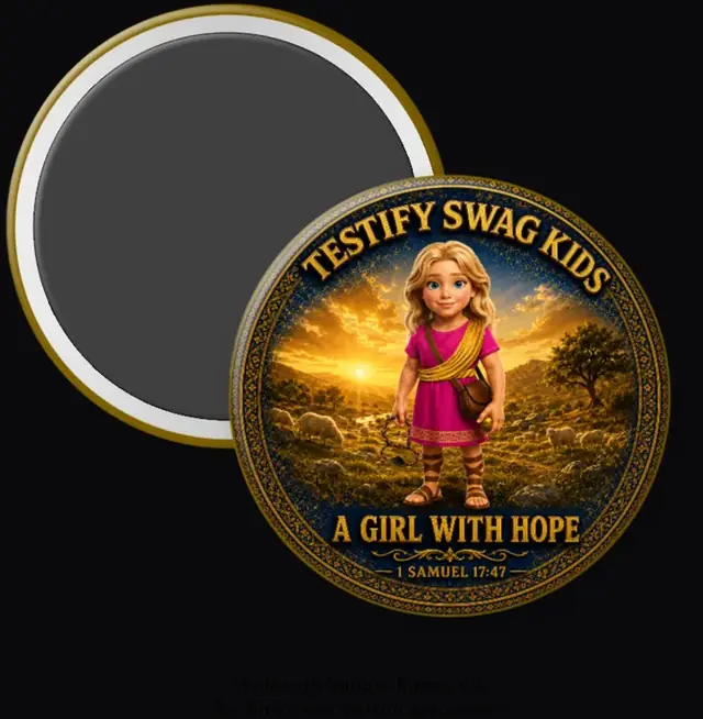Kids Like David magnet — a blonde girl with a sling in a pink tunic, A Girl With Hope, 1 Samuel 17:47