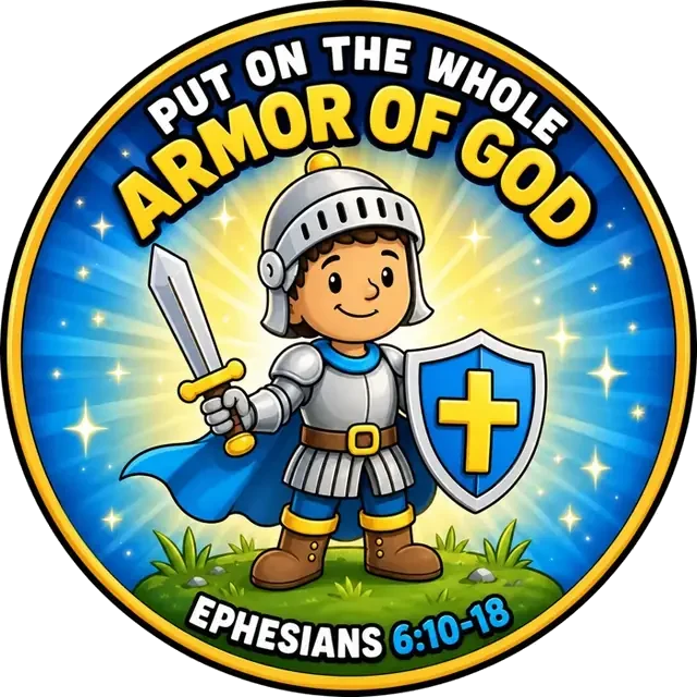 Armor of God center magnet — Put on the full armor of God, Ephesians 6:10-18, gold and navy shield artwork