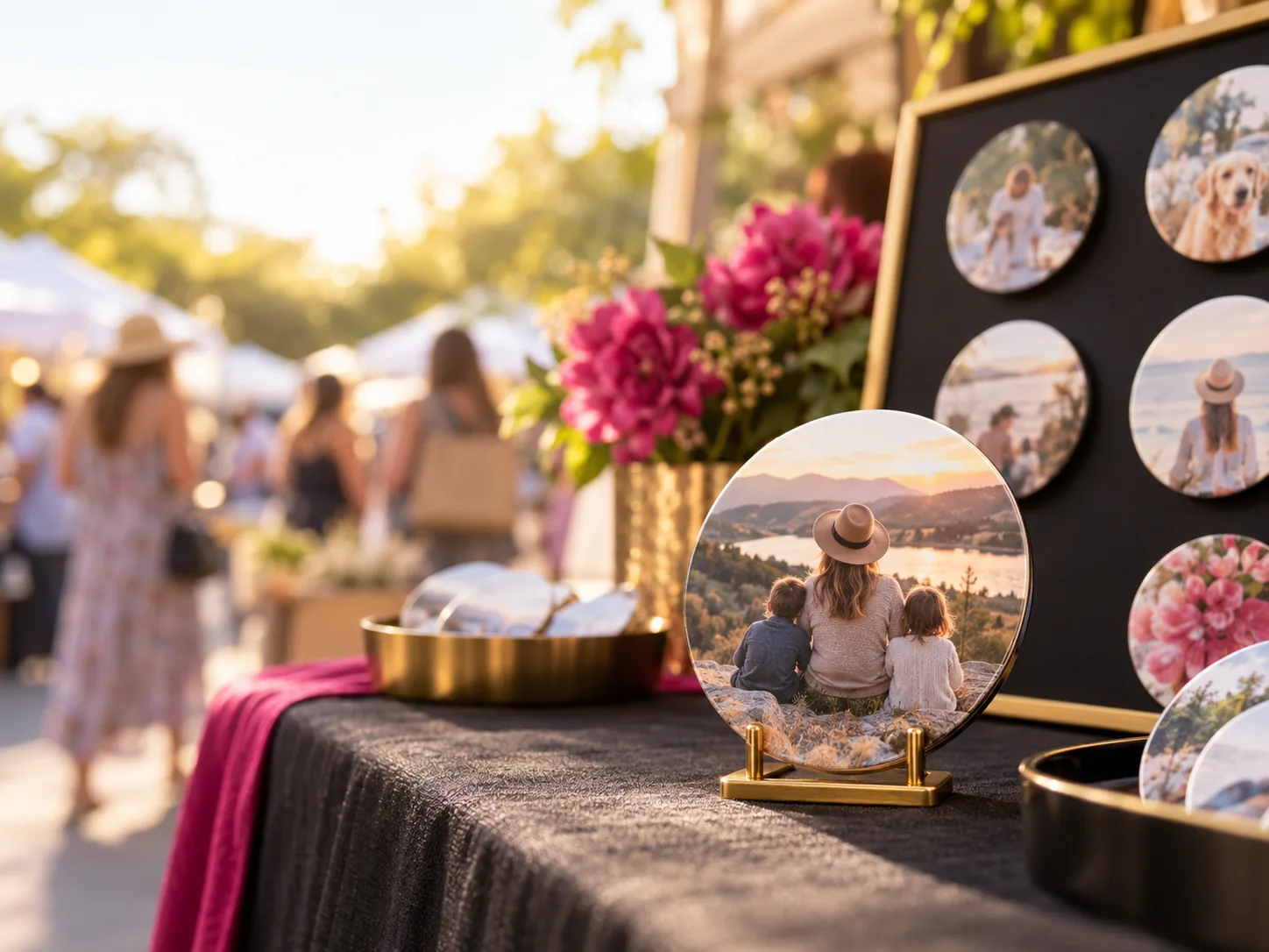 TSO Custom Keepsakes photo magnet display at a Yakima Valley outdoor market, with personalized round magnets and a family keepsake on a gold stand.