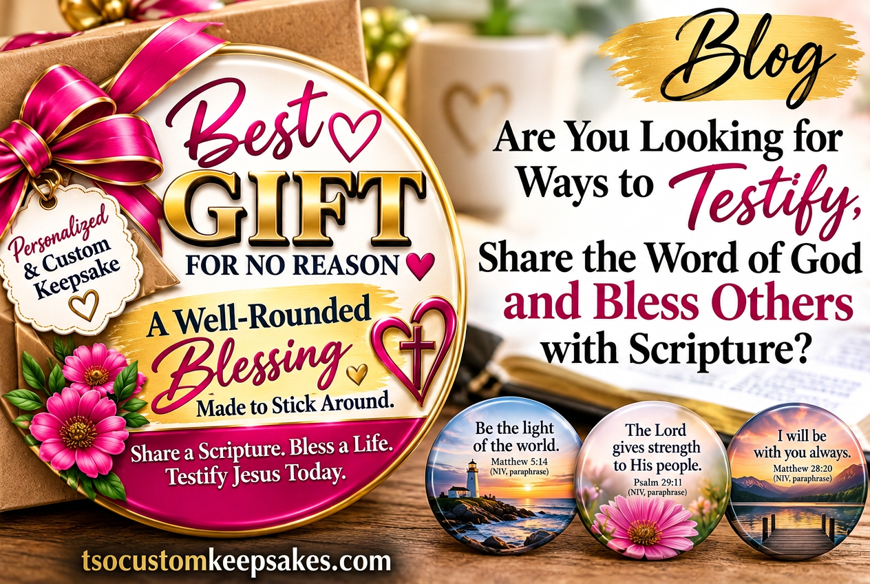 Gold and pink Scripture gift banner with three scenic magnets, encouraging readers to share God's Word and bless others.