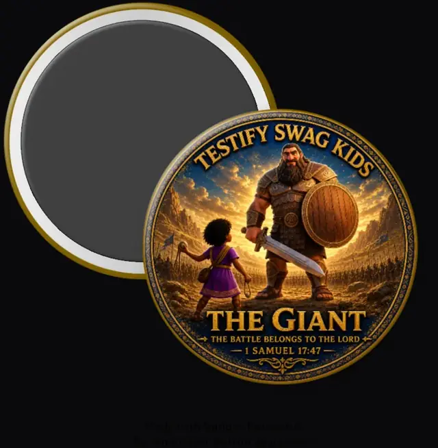 Step 6 — Kids Like David magnet: a girl with a sling facing Goliath, The Giant, 1 Samuel 17:47