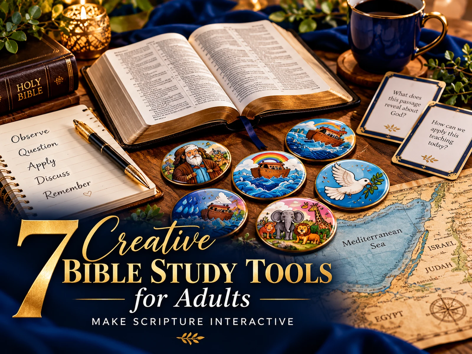 Open Bible, Scripture journal, study cards, map, and circular Bible Character Magnets arranged for adult Bible study.