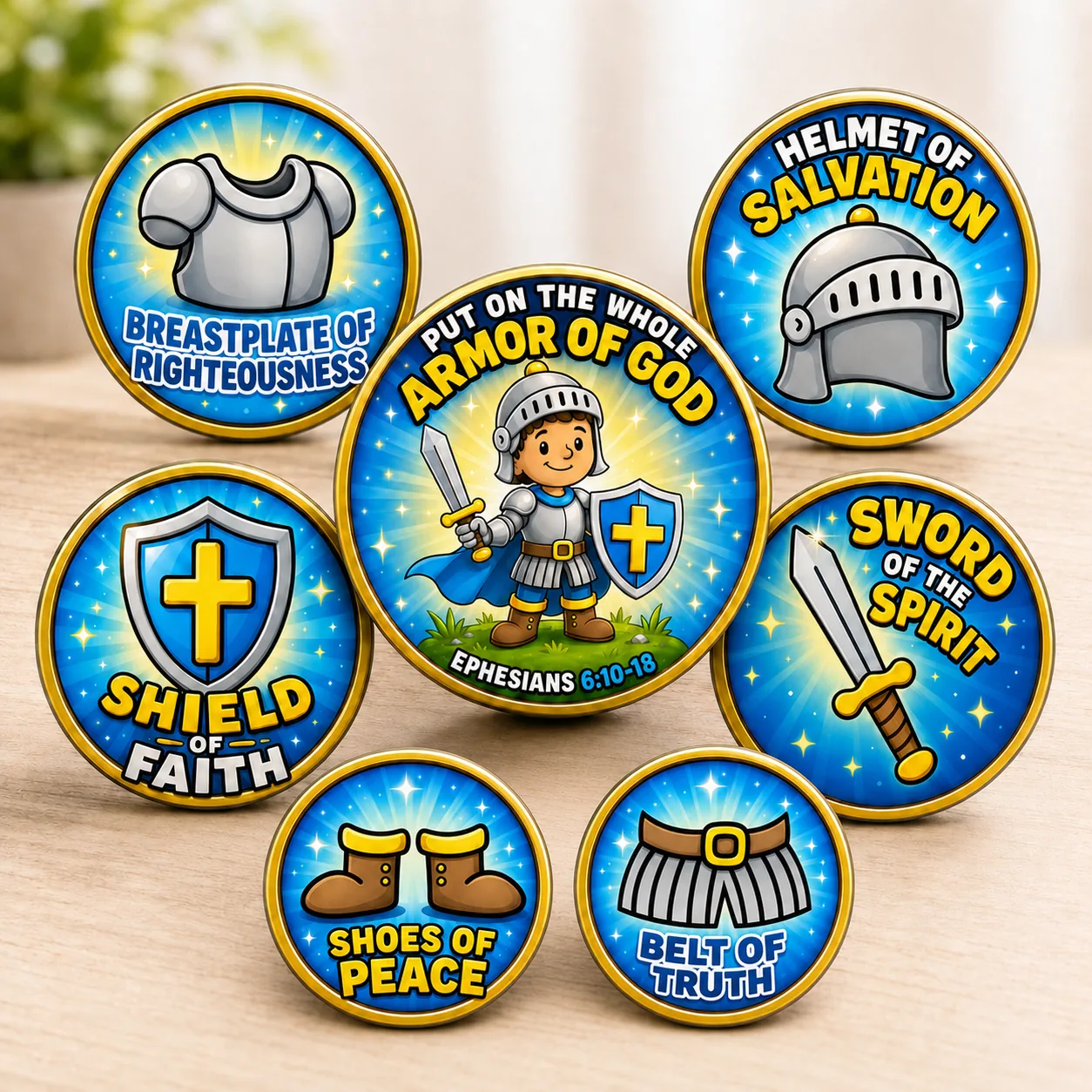 Testify Swag Kids Armor of God storytelling magnet set laid out on wood