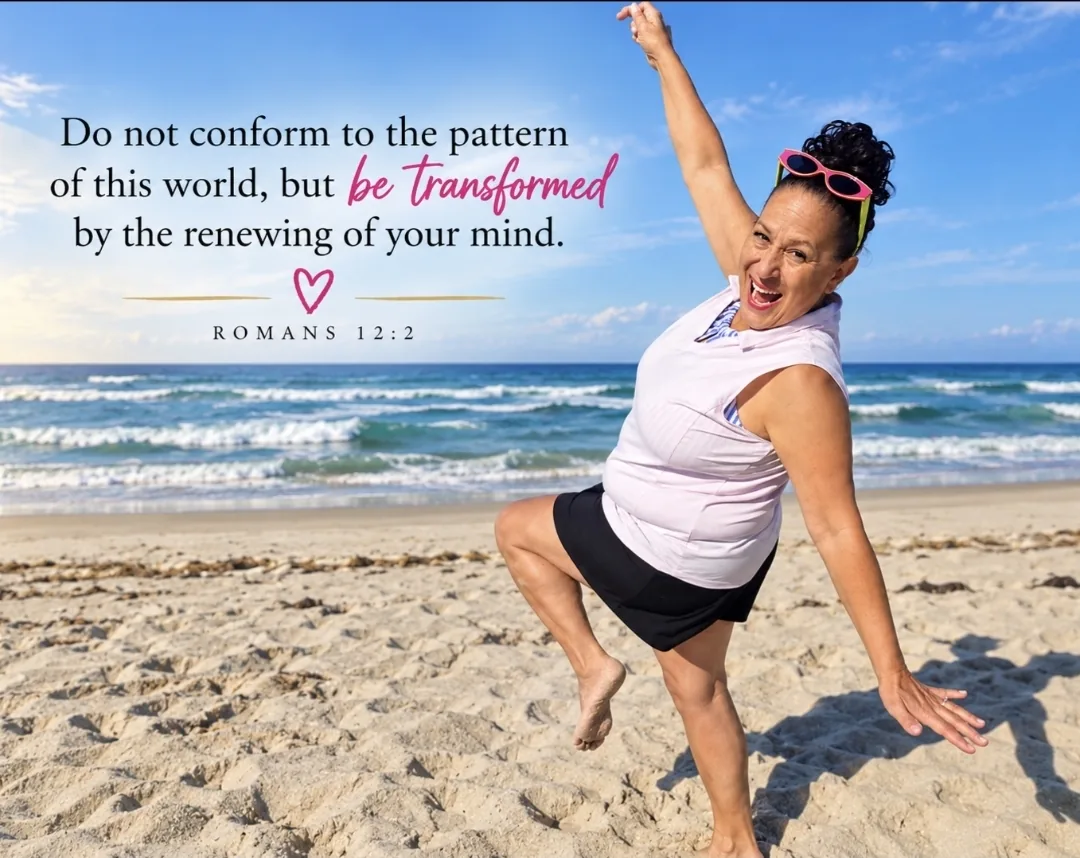 Evee B joyfully posing at the beach beside Romans 12:2 Scripture artwork