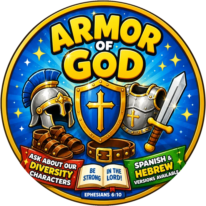 Armor of God kids magnet — Be Strong in the Lord badge with helmet, shield, breastplate, sword, sandals and belt, Ephesians 6:10
