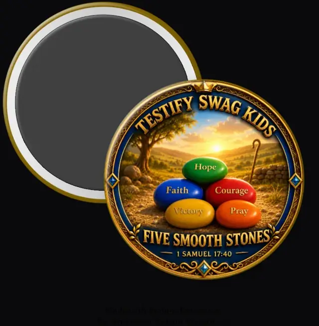 Step 4 — Kids Like David magnet: five smooth stones labeled Hope, Faith, Courage, Victory, Pray, 1 Samuel 17:40