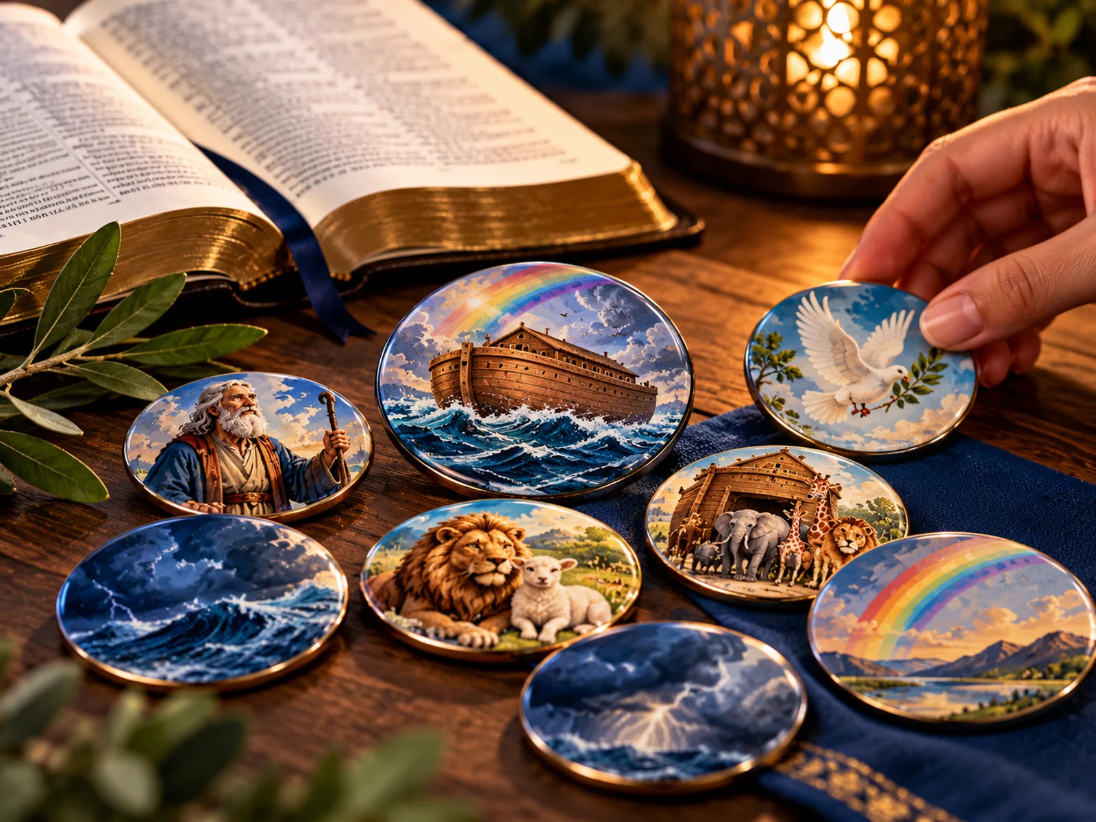 Open Bible beside illustrated round Noah's Ark Bible Character Magnets arranged for a hands-on Scripture storytelling lesson.