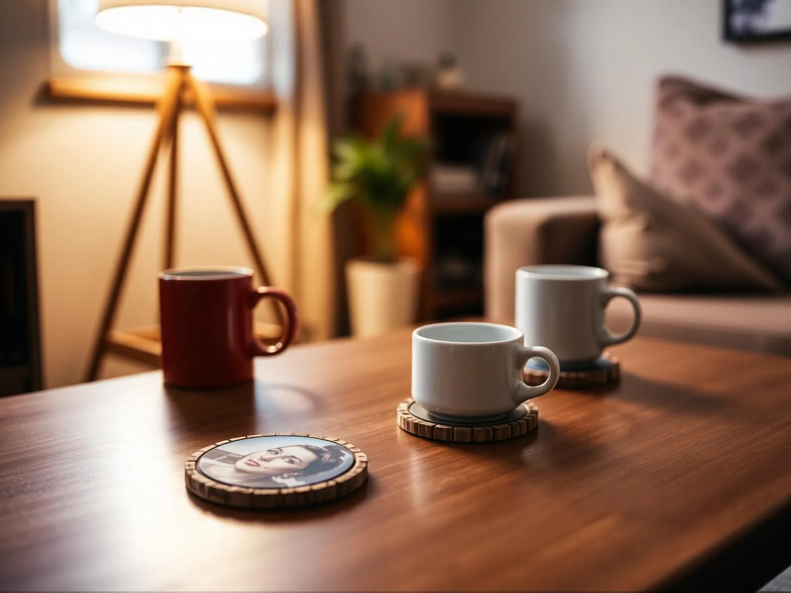 Custom photo coasters printed with family portraits on a kitchen table