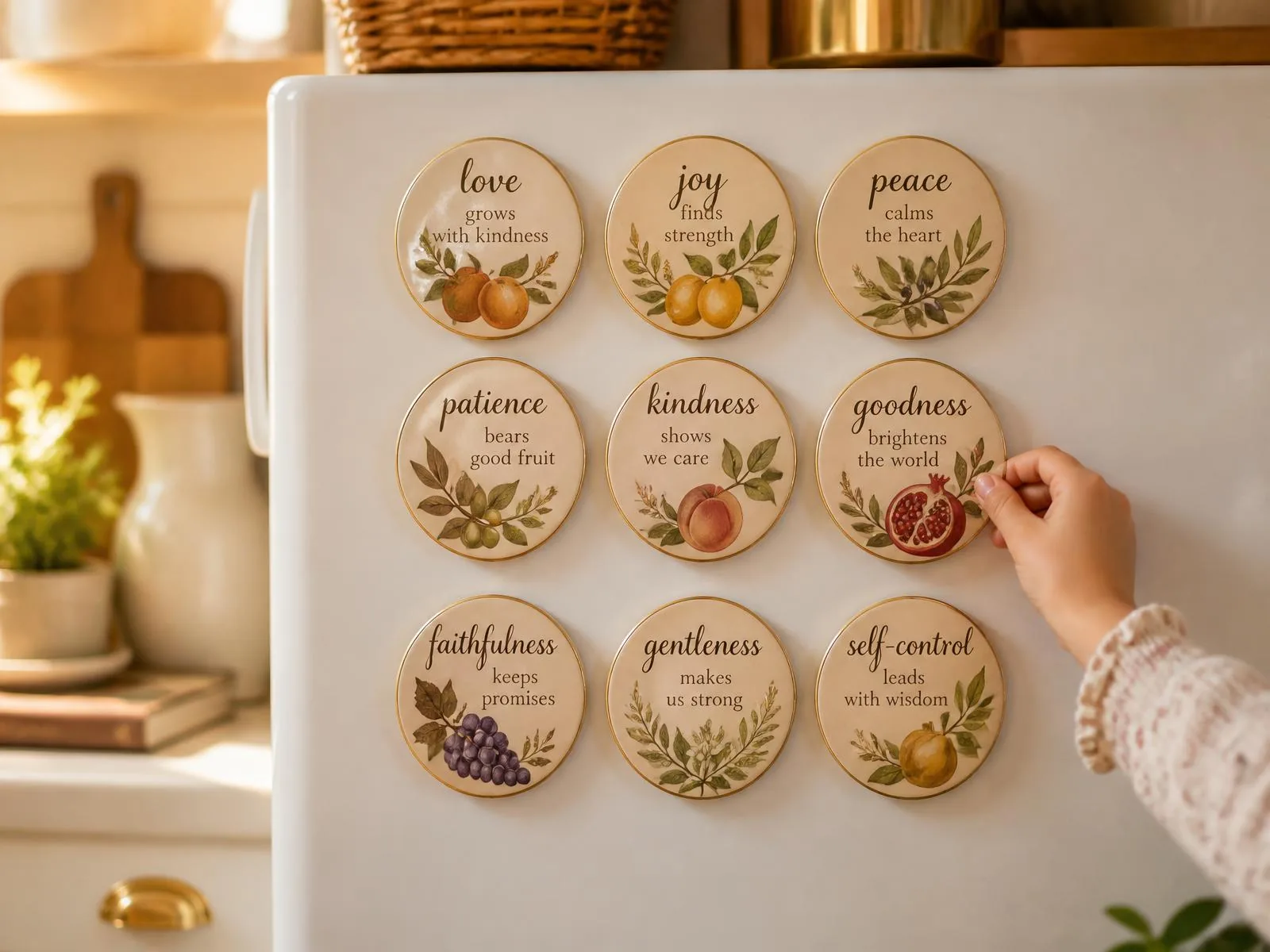 Fruit of the Spirit magnets for kids — nine pressed 3.5 inch magnets laid out on a fridge door
