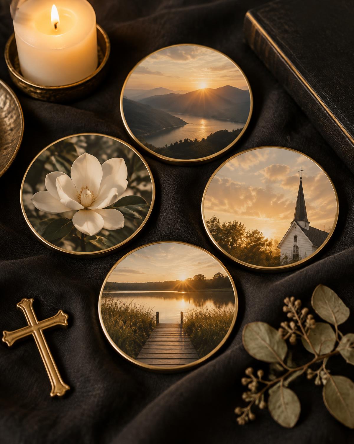 Memorial keepsake magnets with gold ring borders arranged on dark linen with a candle and cross