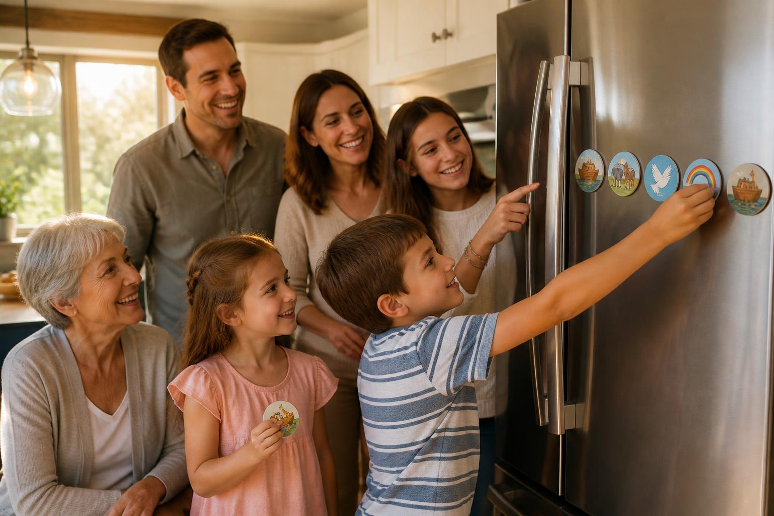 A family gathered at the kitchen fridge — a young boy placing a Noah's Ark story magnet on the door while his sisters, parents, and grandma watch