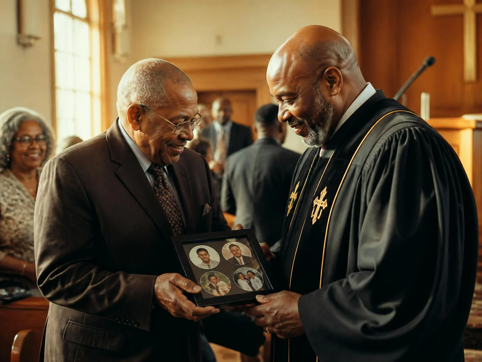 A church member presenting a pastor with a framed set of round photo keepsake buttons after a Sunday service