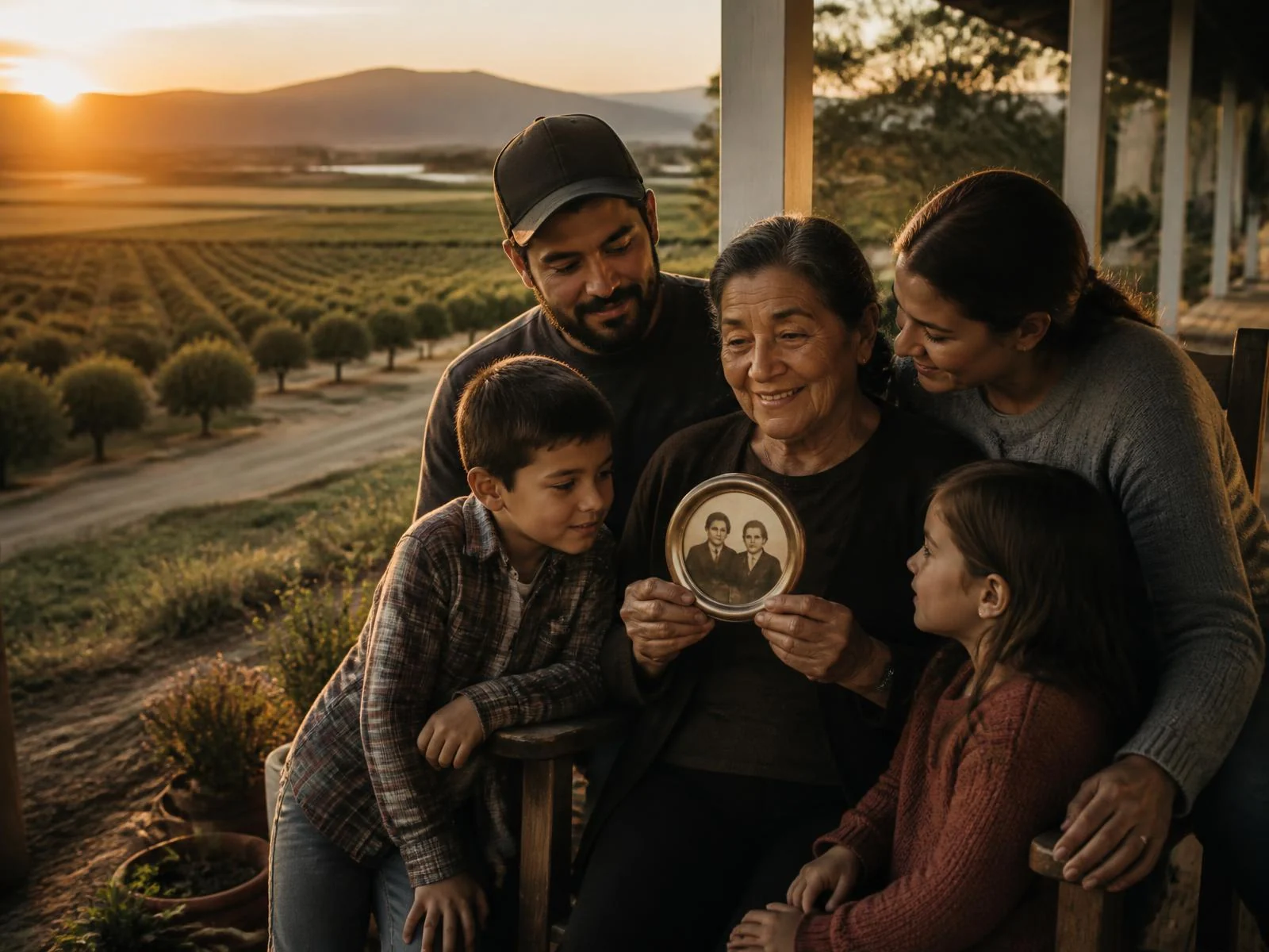A farm family on a porch at sunset looking at a round photo keepsake with orchard rows behind them