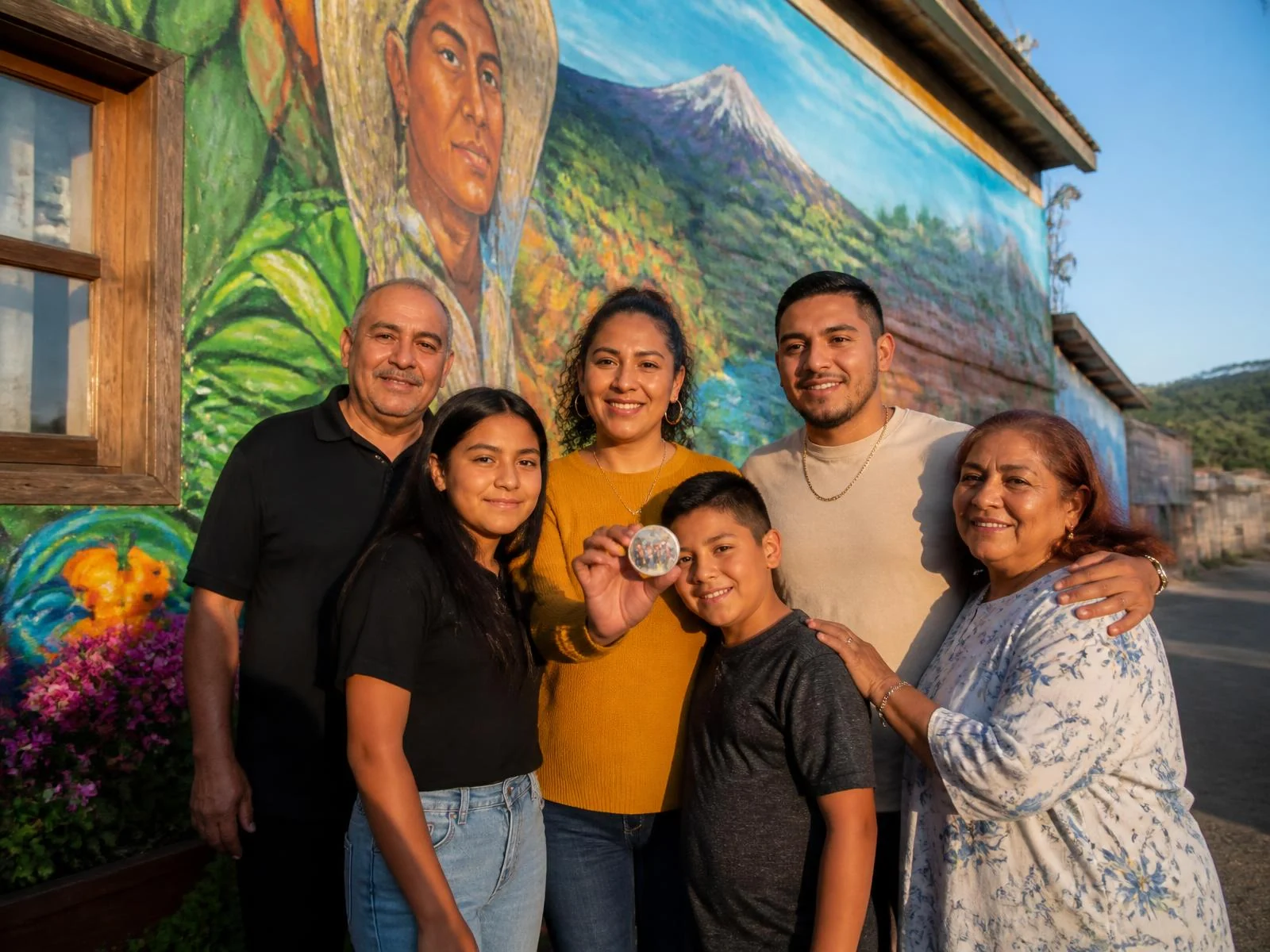 A multigenerational family in front of a painted mural in Toppenish holding a round photo keepsake magnet