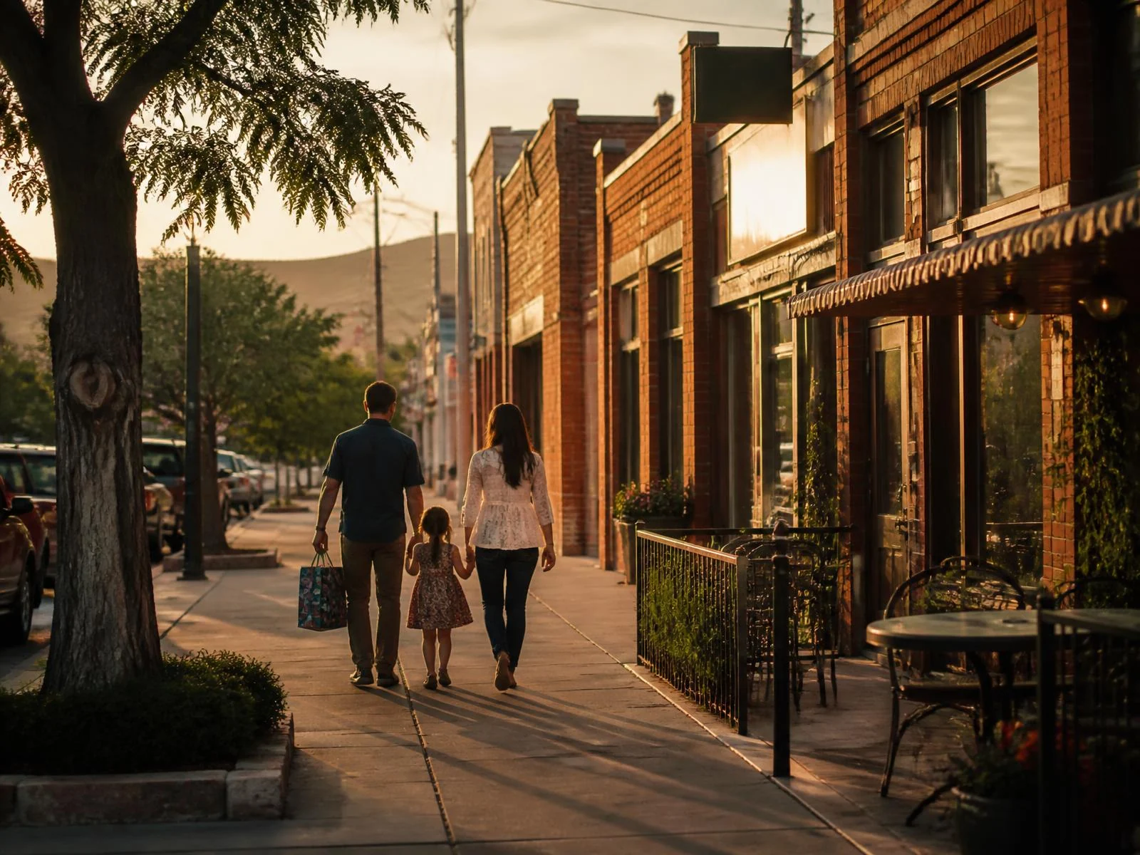 A family walking a small-town Washington main street at golden hour carrying a gift bag
