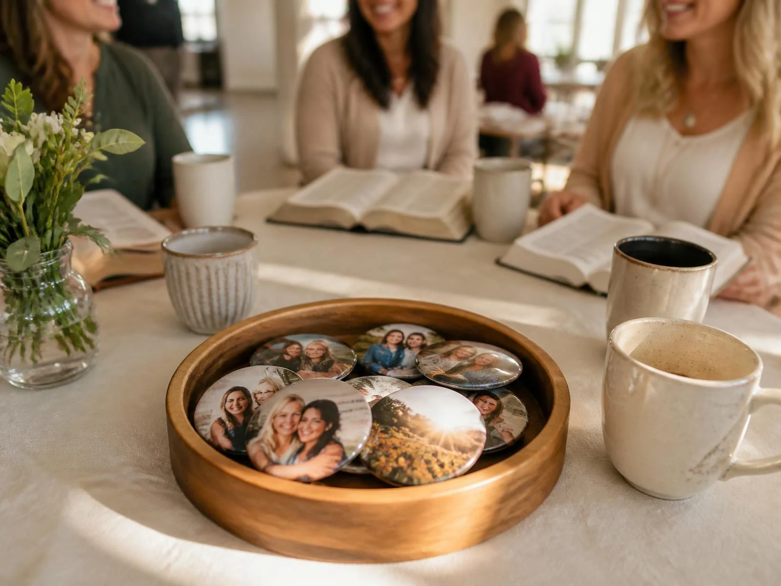 Round photo keepsake magnets in a wooden tray on a women's ministry table beside coffee cups and open Bibles