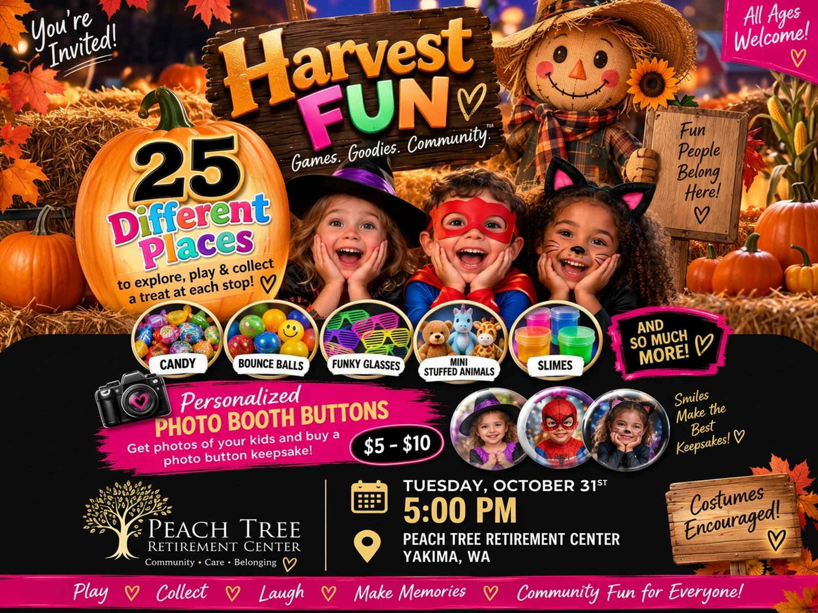 Children in costumes enjoying Harvest Fun at Peach Tree Retirement Center in Yakima, Washington.